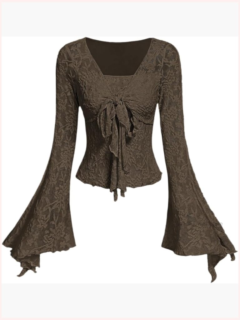 Y2k Floral Mesh Bell Sleeve Top Long Sleeve Going Out Blouse
